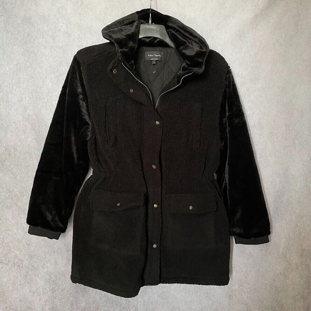 Eden Society Sherpa Jacket Womens Large Black Quilt Lined Fur Hood & Sleeves NEW